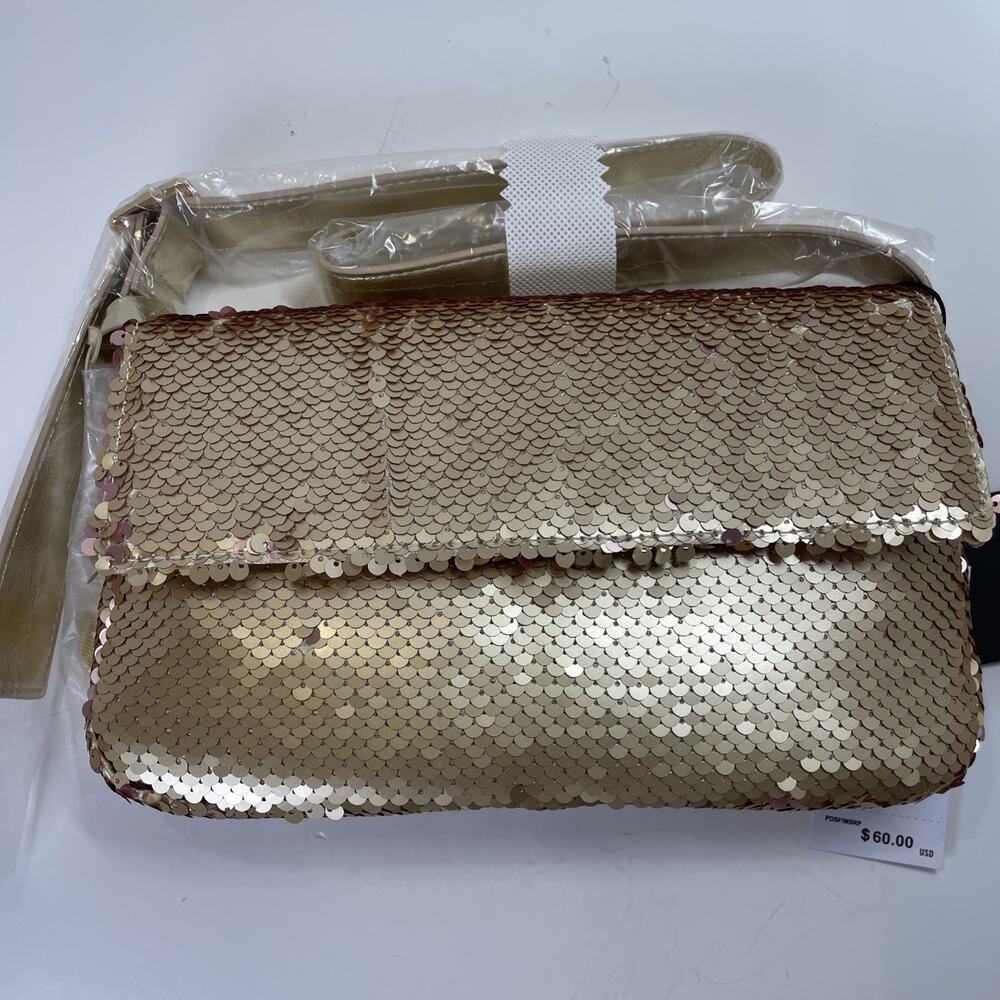 Nicole Miller Gold Sequin Shoulder Bag Metal Logo Purse Shiny Strap Luxe NWT